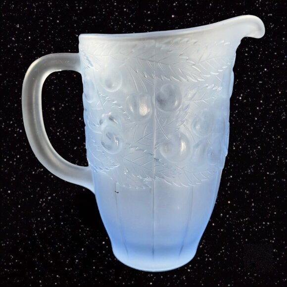 Vintage Light Blue Satin Frosted Glass Raised Cherries Leaves Carafe Pitcher Jug - Picture 9 of 12